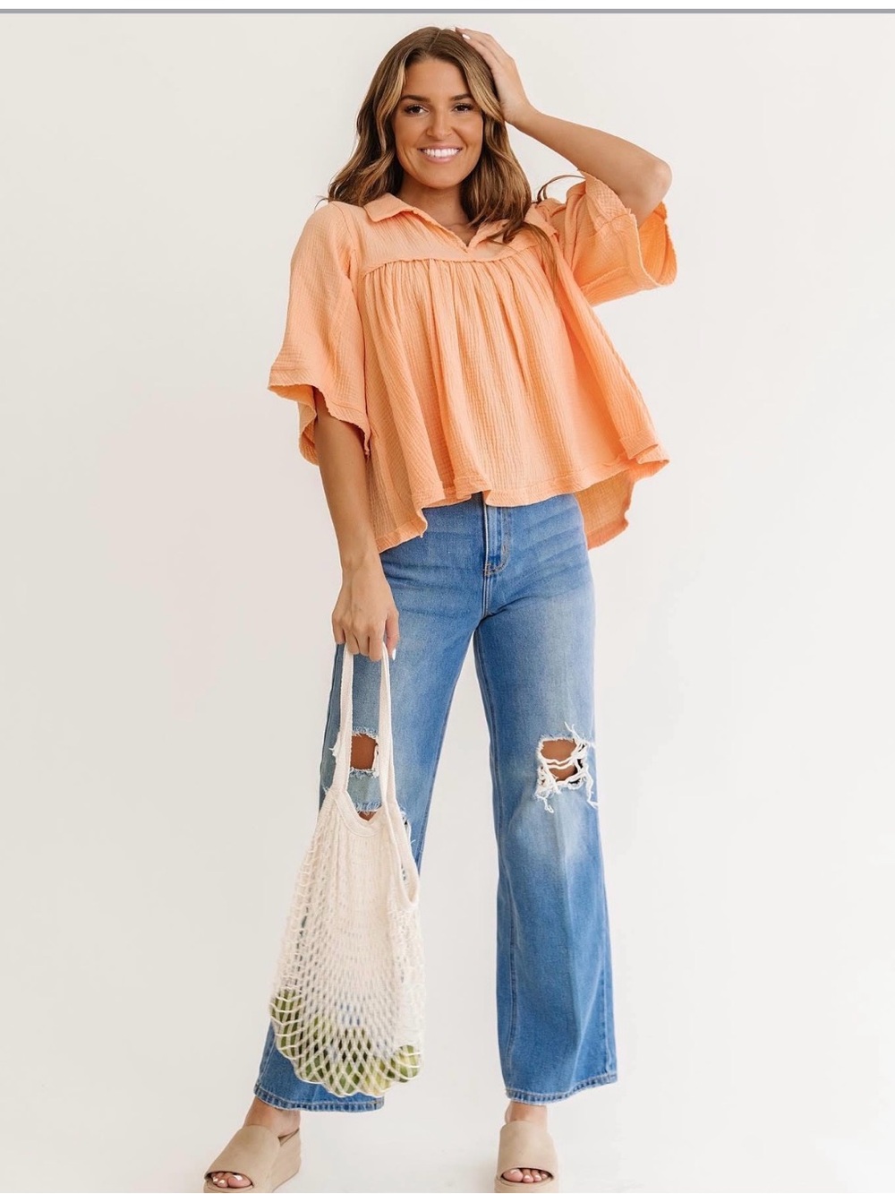 Ces Femme peach gauze raw edge top size large